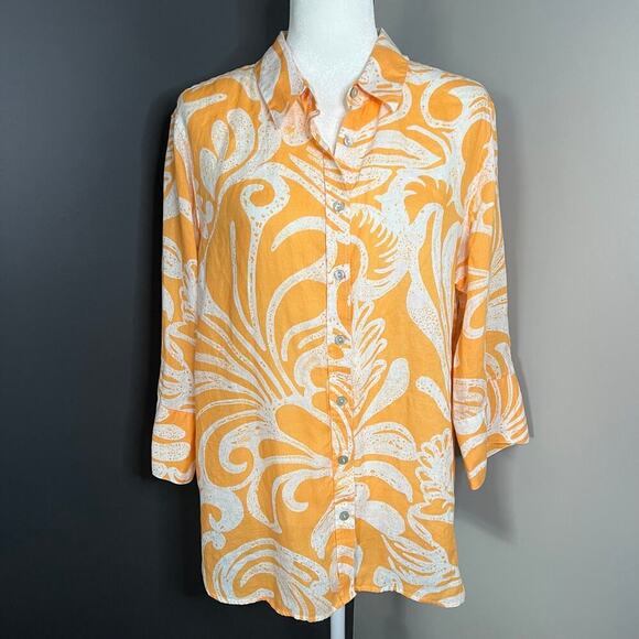 Chico’s Woman’s Orange White Linen Scroll Button Down 3/4 Sleeve Shirt- Size 3 - Picture 1 of 12